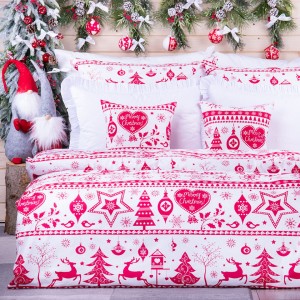 Pościel świąteczna 140x200 cm wzór 1 Czerwone serduszko Merry Christmas na białym tle