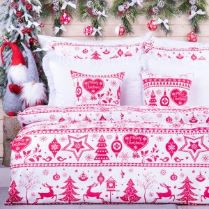 Pościel świąteczna 180x200 cm wzór 1 czerwone serduszko Merry Christmas na białym tle