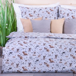 Pościel bawełniana 160x200 cm Pieski + łapki jasnoszara