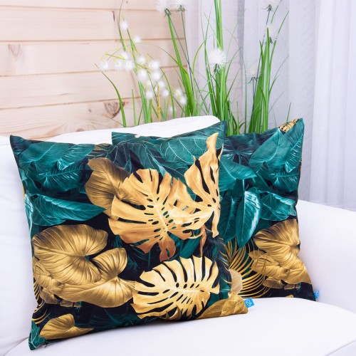Poszewka ozdobna 40x40 cm Velluto Liście 390437/103  Liście w kolorach butelkowej zieleni i złota