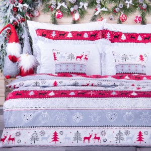 Pościel świąteczna 160x200 cm wzór 11 Renifery na pasach czerwono-szaro-białych