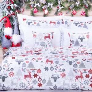 Pościel świąteczna 220x200 cm wzór 67 Renifery i choinki na białym tle