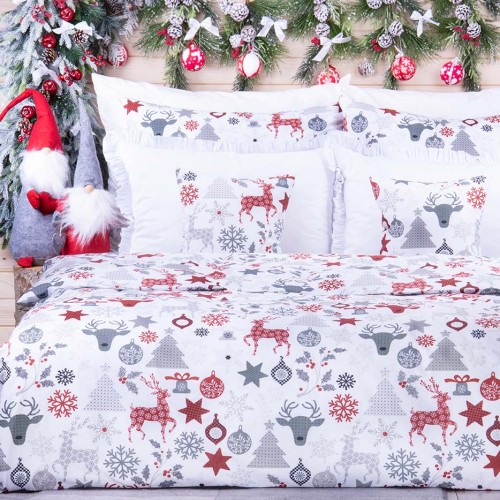 Pościel świąteczna 140x200 cm wzór 67 Renifery i choinki na białym tle