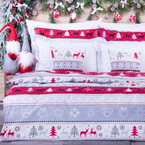 Pościel świąteczna 140x200 cm wzór 11 Renifery na pasach czerowono-szaro-białych