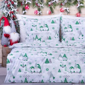 Pościel świąteczna 100x140 cm wzór 39 Zielone krasnale na szarym ze śnieżynkami w tle