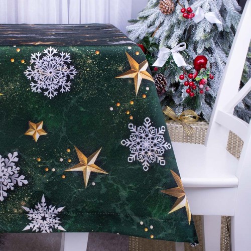 Obrus świąteczny 130x180 cm Gwiazdy na zielonozłotym tle