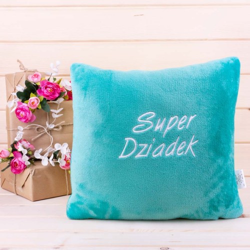 Pluszowa, miętowa poduszka z haftem dla Dziadka 40x40 cm wzór 18