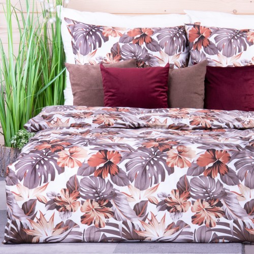 Pościel bawełniana 160x200 cm Monstery z hibiskusem brąz