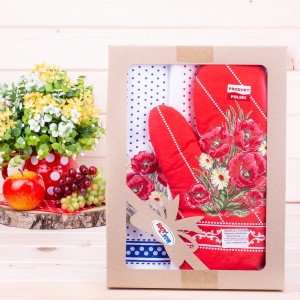 Komplet kuchenny 2*ścierka + rękawica Maki czerwony