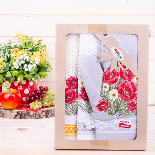Komplet kuchenny 2*ścierka + rękawica Maki szary 1