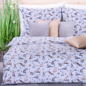 Pościel bawełniana 160x200 cm Kotki + łapki jasnoszara
