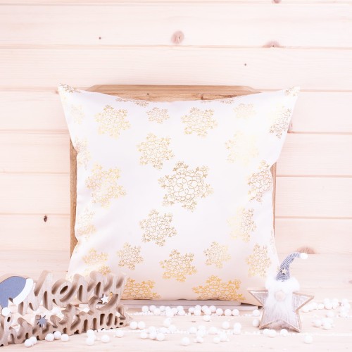 Poszewka świąteczna 40x40 cm Śnieżynki złoto na kremie