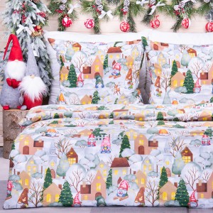 Pościel świąteczna 140x200 cm wzór 19 Zimowe miasteczko domki krasnale