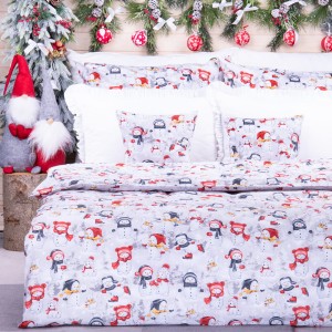 Pościel świąteczna 160x200 cm wzór 92 Wesołe kolorowe bałwanki w zimowej scenerii