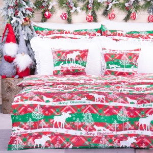 Pościel świąteczna 140x200 cm wzór 4 Białe renifery na czerwono-zielonym tle