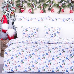 Pościel świąteczna 140x200 cm wzór 18 Niebieskie krasnalki na białym tle