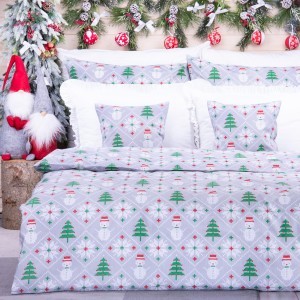 Pościel świąteczna 160x200 cm wzór 61 Sweterkowy wzór z bałwankami i choinkami na szarym tle