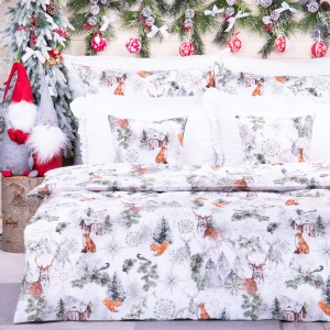 Pościel świąteczna 160x200 cm wzór 9 Zimowy las z zielonymi detalami na białym tle