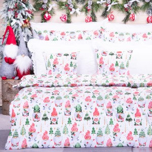 Pościel świąteczna 140x200 cm wzór 24 Czerwono-zielone krasnale z choinkami na białym tle