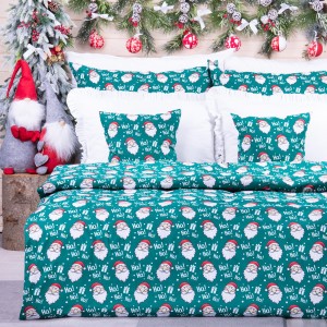 Pościel świąteczna 160x200 cm wzór 97 Hoho Mikołaje na zielonym tle