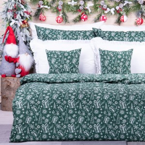 Pościel świąteczna 140x200 cm wzór 99 Białe choineczki i prezenty na ciemnozielonym tle
