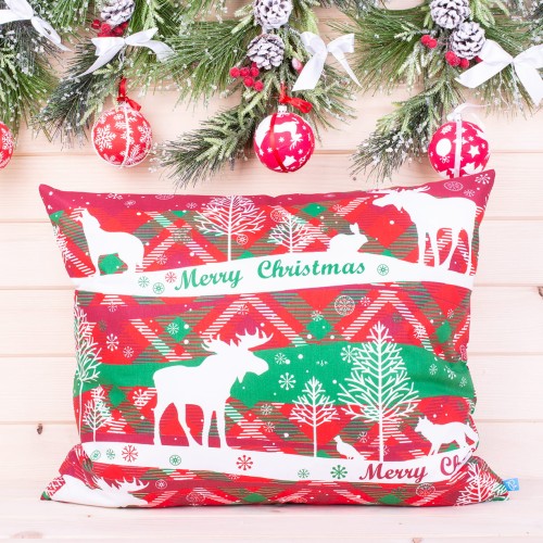Poszewka świąteczna 50x70 cm wzór 4 Białe renifery na czerwono-zielonym tle