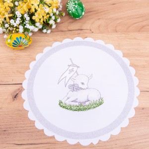 Serwetka wielkanocna koło 37 cm Baranek biała ze srebrnym