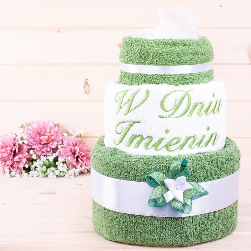 Tort z ręczników 3 poziomowy z haftem W dniu imienin w kolorach zielony, biały, zielony
