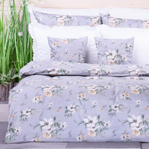 Pościel bawełniana 160x200 cm Powojnik na szarym