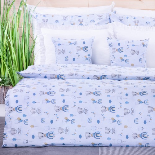 Pościel bawełniana 130x160 cm Miś i kotek niebieski
