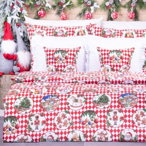 Pościel świąteczna 140x200 cm wzór 101 Tradycyjne świąteczne motywy na biało-czerwonej szachownicy