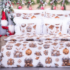Pościel świąteczna 160x200 cm wzór 111 Tradycyjne świąteczne motywy z dodatkiem brązu na biało-szarym tle