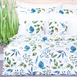 Pościel bawełniana 180x200 cm Turkusowe listki na białym