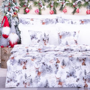 Pościel świąteczna 140x200 cm wzór 10 Zimowy las z szarymi detalami na białym tle