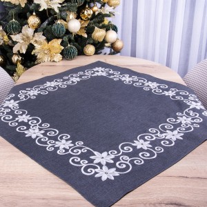 Serweta świąteczna 85x85 cm Kwiatuszki z koralikami na grafitowym tle 