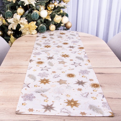 Pas świąteczny 40x160 cm wzór 22381/1001 gwiazdki na kremowo-złotym tle