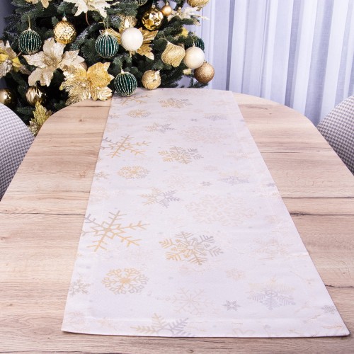 Pas świąteczny 40x220 cm wzór 390549/101 śnieżynki na kremowo-złotym tle