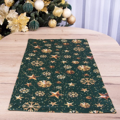 Bieżnik 40x85 cm wzór 22385/1002 śnieżynki na błyszczącym zielonym tle
