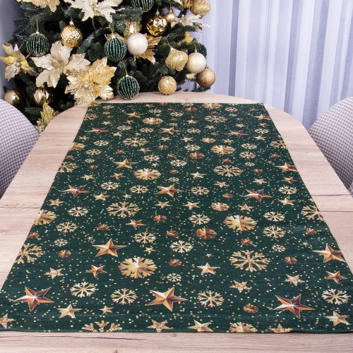 Bieżnik 60x120 cm wzór 22385/1002 śnieżynki na błyszczącym zielonym tle