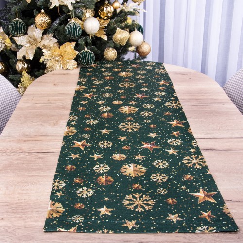 Pas świąteczny 40x140 cm wzór 22385/1002 śnieżki na błyszczącym zielonym tle