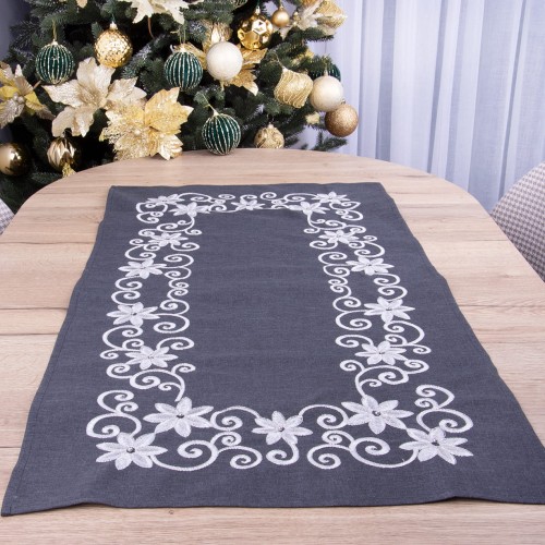 Bieżnik świąteczny 50x100 cm Kwiatuszki z koralikami na grafitowym tle