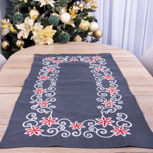 Bieżnik świąteczny 50x100 cm Kwiatuszki z koralikami na grafitowym tle 2