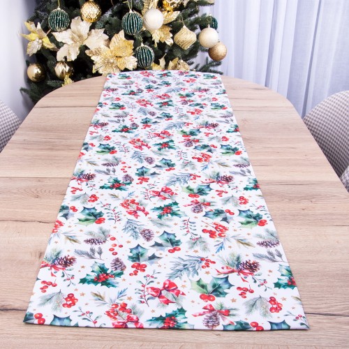 Pas świąteczny 40x180 cm wzór D00164 Jarzębina na białym tle