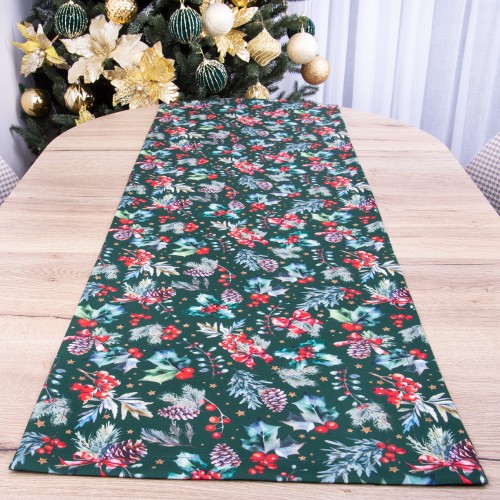 Pas świąteczny 40x160 cm wzór D00164 Jarzębina na zielonym tle
