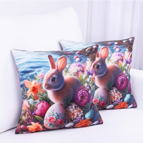 Poszewka wielkanocna 40x40 cm Wielkanocny zajączek i kwiatowa kompozycja z pisankami