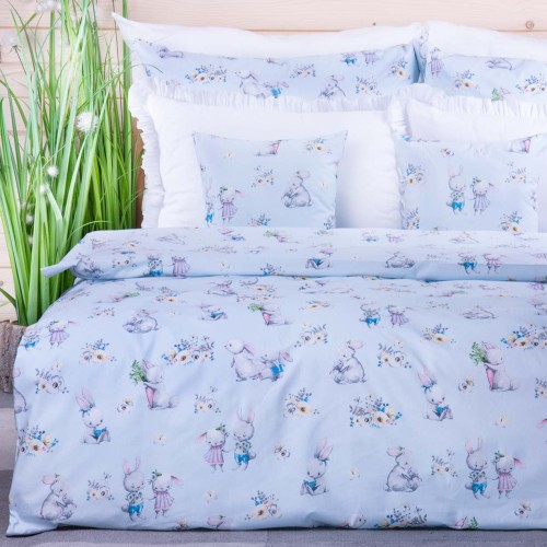 Pościel bawełniana 90x120 cm Zajączki na błękitnym tle