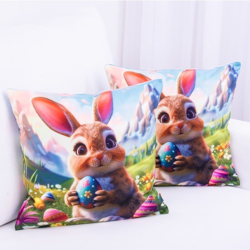 Poszewka wielkanocna 40x40 cm Wielkanocny zajączek wśród kolorowych pisanek w wiosennej scenerii z górami w tle