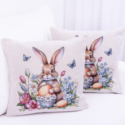 Poszewka gobelinowa 42x42 cm z motywem wielkanocnego zajączka wśród wiosennych kwiatów