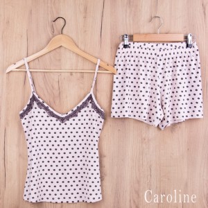 Piżama damska na ramiączkach z szortami 88610 rozm: XL brązowe kropeczki na kremie WISKOZA