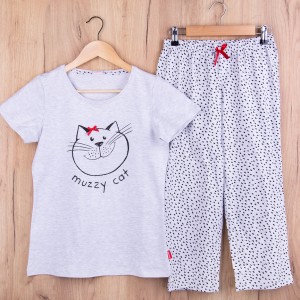 Piżama damska z krótkim rękawem i 3/4 spodnie KOTEK rozm: S jasny szary